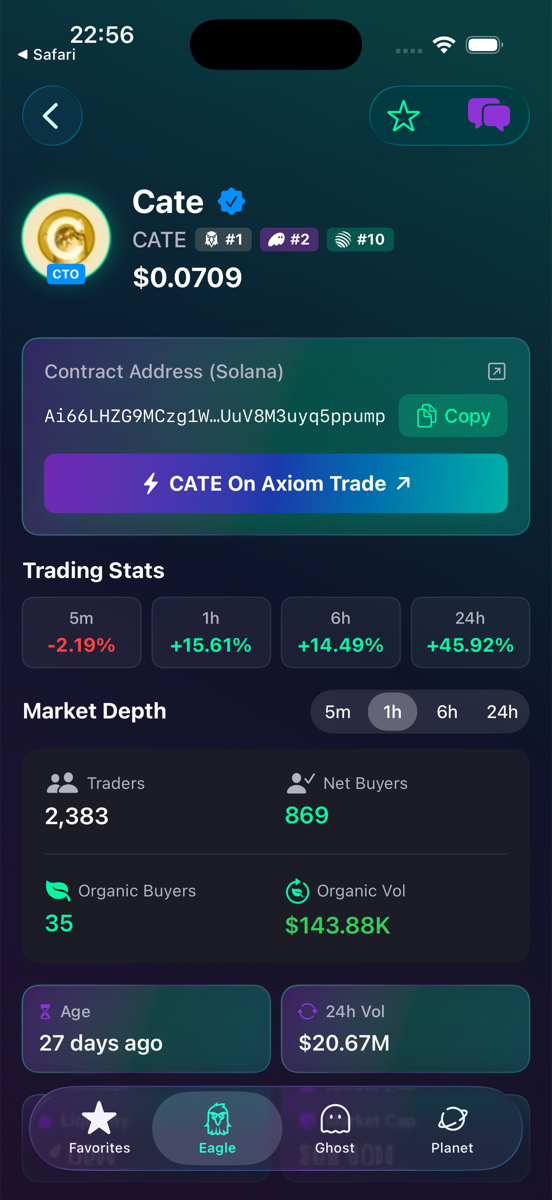 Crypto Trending Memecoins token detail screen showing live price, contract address, one-tap Axiom trade button, trading stats and market depth