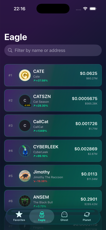 Eagle trending list in Crypto Trending Memecoins ranking Solana memecoins with live prices and 24-hour change